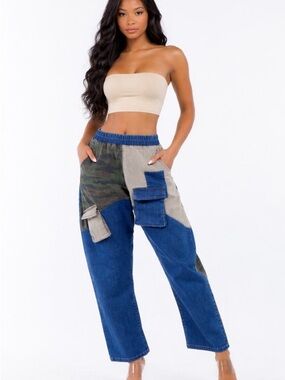 Patchwork Cargo Jeans in Blue, Olive & Beige